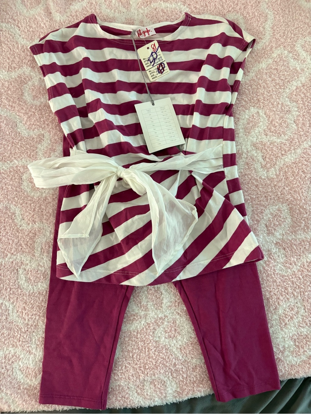 Il Gufo Pink and White Striped Top with Pink Leggings Kids Matching Set